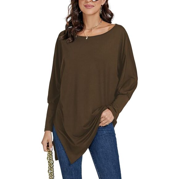 LYANER Boat Neck Asymmetrical Hem Bat Long Sleeve Split Loose Tunic Top Sz S - Picture 3 of 8